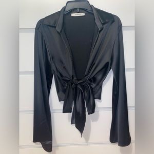 NWOT Monaco Black Satin Wrap Top With Bell Sleeves